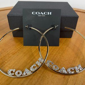 COACH Crystal large Goldtone Coach Logo 3 inch Hoop Earrings  NWT and bag